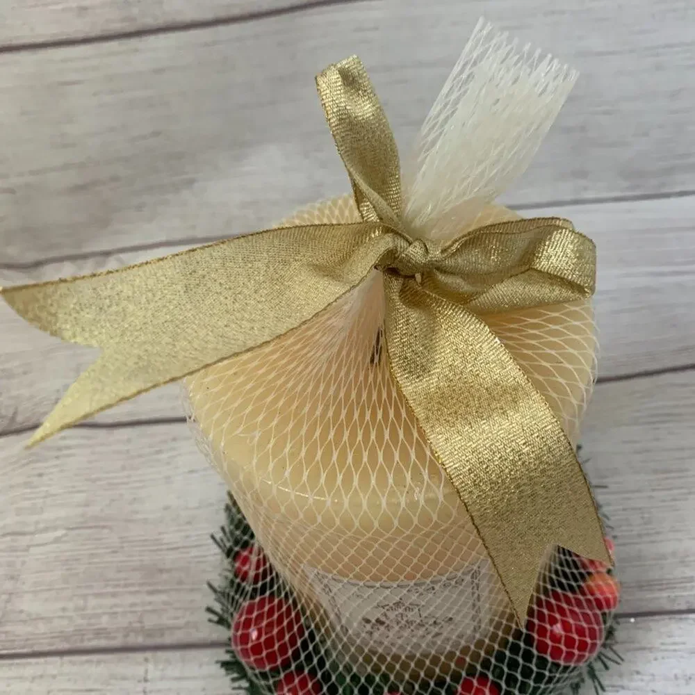 Interior Accents Cream Holiday Candle with Mini Wreath and Glass Holder 6 3/4